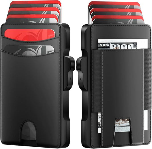 Minimalist Mens Wallet Card Holder: Pop Up Card Case, Genuine Leather, Smart, RFID Blocking, Slim, Thin, Front Pocket, Gift Box - 9-12 Card Capacitiy, Cash Pocket (Black)