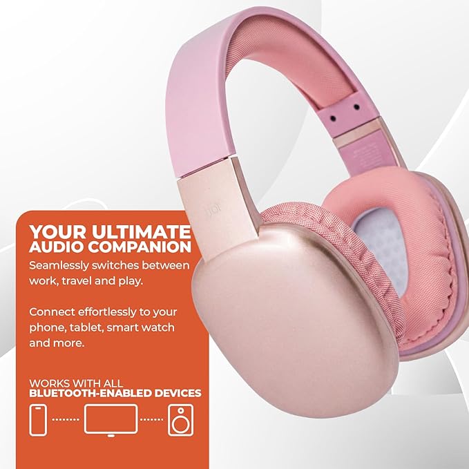 iJoy Ultra Wireless Over-Ear Bluetooth Headphones with Mic, Up to 10 Hours Playtime, Bluetooth Headset 33Ft Range with Backup AUX Cable & SD Slot, Wireless Headphones for Gaming, Work & Gym (Pink)