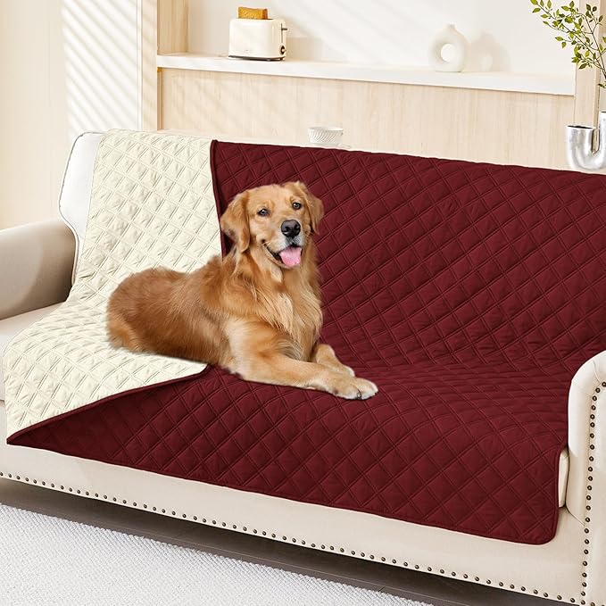 Smiry Waterproof Dog Bed Cover Pet Blanket, Soft Washable Dog Blanket for Furniture Bed Couch Sofa Reversible, Checkered (52"x82", Wine Red/Beige)