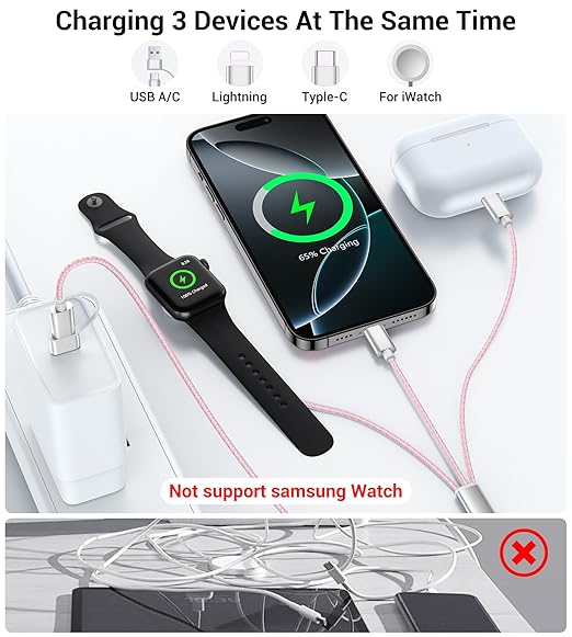 Temdan for Travel Vacation Essentials,3 in 2 USB C Cable for Apple Watch Charger/iPhone 16 Charger/Lightning,Multi Charging Cable Cord,Camping Essentials,Designed for iWatch & iPhone 16-12-4FT Pink