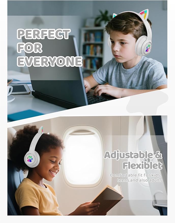 MIDOLA Kids Headphones Cat Ear Wireless Bluetooth 5.3 60H Over Ear, 8H with Led Light Foldable Music Gaming Headset with Aux 3.5mm Mic for Travel Pad Tablet White
