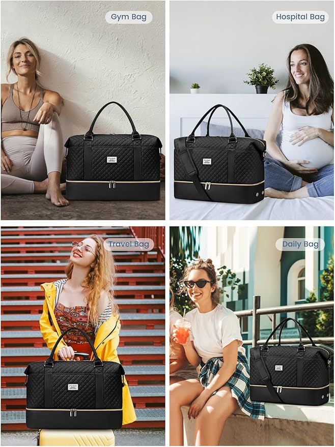 Travel Weekender Duffle Bags for Women: Overnight Bags with Shoe Compartment Large Carry on Weekend Bag with Toiletry & Wet Pocket Tote Duffel Bag Hospital Bag for Women Labor Delivery Black Brown