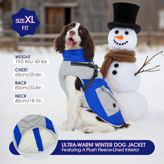 FUAMEY Dog Winter Jackets for Large Dogs,Dog Coat with Harness Built in,Waterproof Dogs Snowsuits Warm Pet Jacket Zip Up Fleece Cold Weather Coats Reflective Puppy Vest with Pocket Blue 2XL