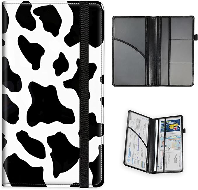 Car Registration and Insurance Holder PU Leather Vehicle Insurance and Registration Holders Wallet Case with Elastic Band Closure for ID Card, Driving Licence, Black and White Cow Print