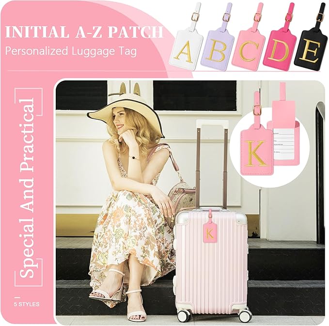 Personalized Initial Luggage Tags for Suitcase, Pink Leather Cute Luggage Tags with Privacy Cover Name Card, Embroidered Custom Monogrammed Luggage Tag Travel Bag Baggage Tags Gifts for Women Kids(K)