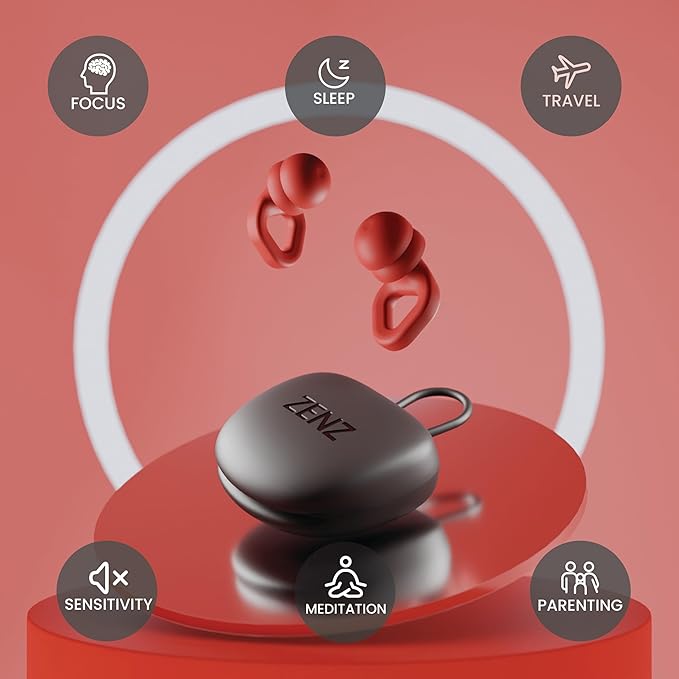 Zenz Unwind Pro Ear Plugs for Sleeping Noise Reduction – Soft Silicone Reusable Earplugs for Sleep, Focus & Work – 35dB Noise Reduction with Storage Case – XS/S/M/L Eartips (Fiery Red, One Size)