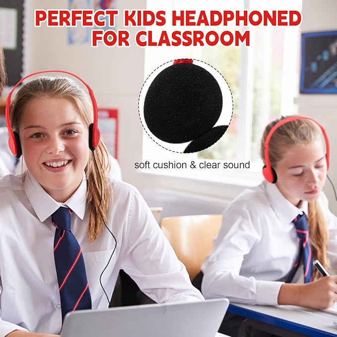 Konohan 10 Pack Headphones Bulk Headphone for School Classroom Student Wired Headphones Adjustable with 3.5 mm Jack for Adults (Red)
