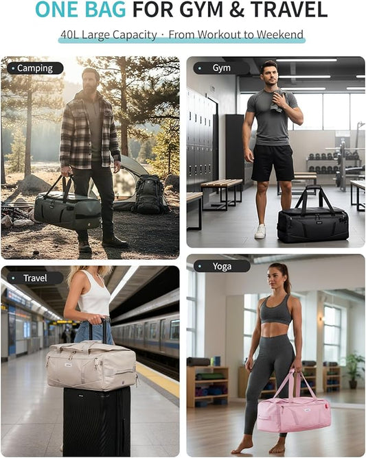 ECOHUB 40L Gym Bag for Women Men Water Resistant Sports Duffle Bag with Shoe Compartment & Wet Pocket, Travel Weekender Camping Backpack