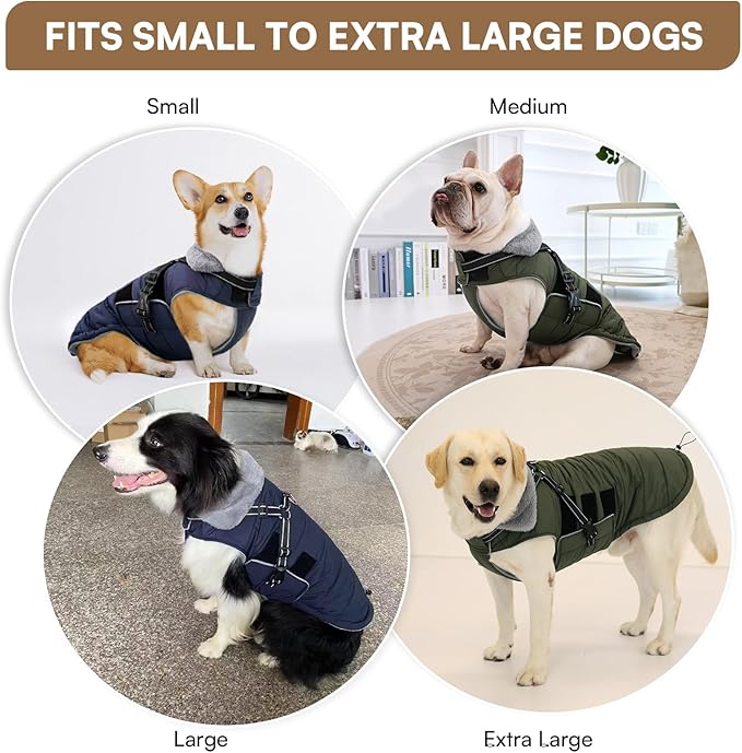 Queenmore Winter Dog Jackets for Extra Large Dogs with Harness Built-in, Waterproof Puffer Coat for Large Breed, Pet Snow Jacket for Winter/Cold Weather - Fleece Easy On Reflective, Navy XL