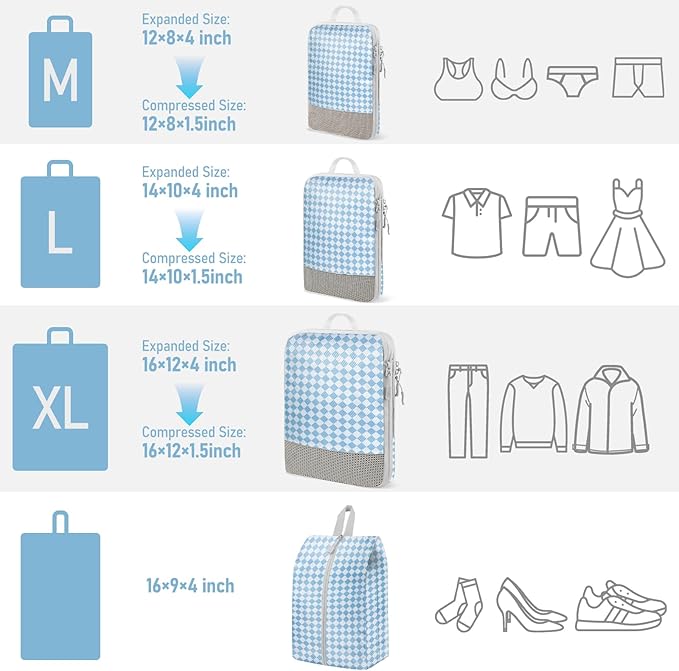 4-Piece Packing Cube Set - Lightweight Luggage Organizers for Travel, Vacation and Suitcases - Durable Accessories with Compression