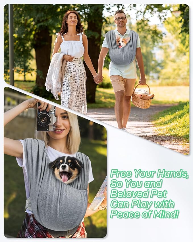 Dog Sling Swaddle Carrier Small Dog Cat Front Facing Carrier for Chest, Hands Free Puppy Carrying Sling Hold for Small Pet up to 13lbs, Adjustable Size, Reducing Back Stress (Light Grey)