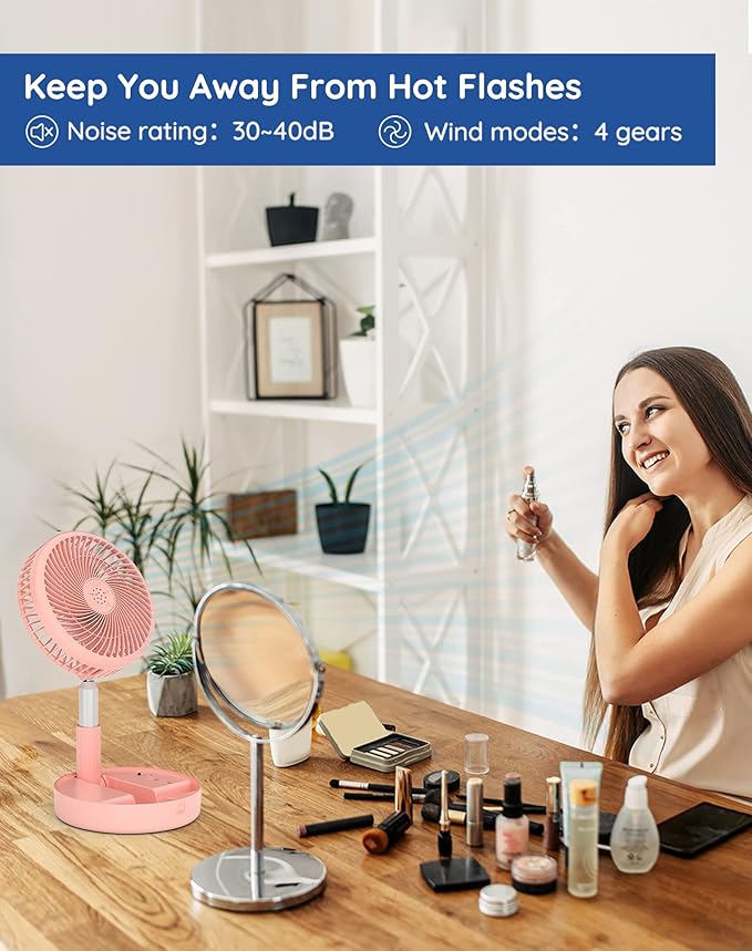 Primevolve Battery Operated Fan,Portable Rechargeable USB Floor Table Desk Fan with Adjustable Height,4 Speed Settings Pedestal Fan for Bedroom Camping Travel,Pink 7.7"