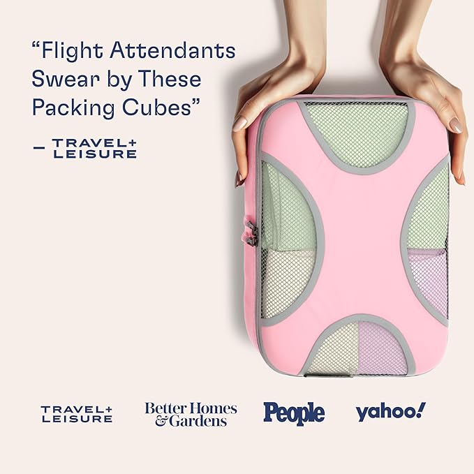 Shacke Premium 8 Packing Cubes Set - Lightweight Mesh Travel Luggage Organizers with Laundry Bag, 8-Piece Suitcase Storage System (Summer Pink)