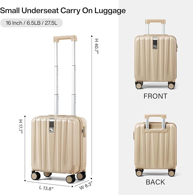 Hanke 16 Inch Underseat Carry on Suitcases with Wheels,Lightweight Hard Shell Carry on Luggage for Weekender, Travel Approved Small Suitcase,Travel Luggage for Womem Men,Cuba Sand pink.