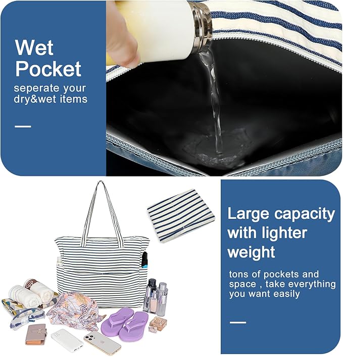 Beach Pool Bags Tote for Women Ladies Large Gym Tote Carry On Bag With Wet Compartment for Weekender Travel Waterproof