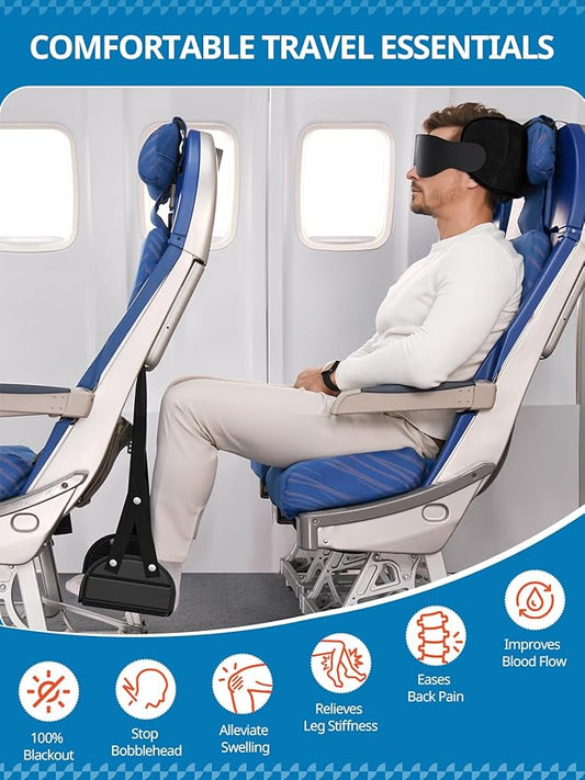 Travel Pillow Airplane Foot Hammock Set, Airplane Pillows with 3D Eye Mask for Sleeping, 360° Support Plane Head Strap, Long Flights Essentials, Stop Bobblehead and Travel Foot Rest Leg Relief