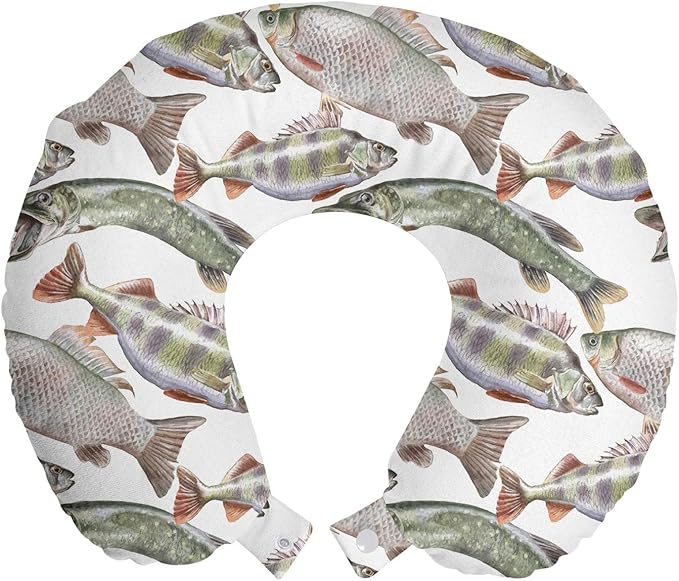 Ambesonne Fishes Travel Pillow Neck Rest, Watercolor Common Carp Perch and Bass Freshwater Animals Themed Seafood Drawing, Memory Foam Traveling Accessory for Airplane and Car, 12", Grey Green