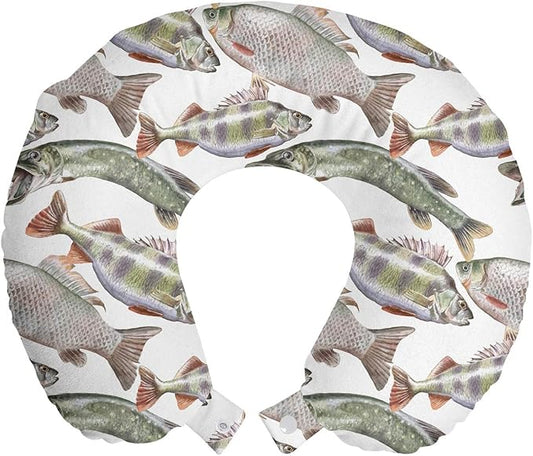 Ambesonne Fishes Travel Pillow Neck Rest, Watercolor Common Carp Perch and Bass Freshwater Animals Themed Seafood Drawing, Memory Foam Traveling Accessory for Airplane and Car, 12", Grey Green