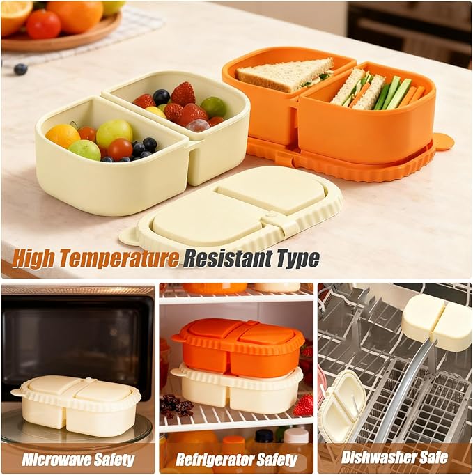 2 Pack Reusable Silicone Snack Containers With Lids, 8.5oz Two Compartment Snack Container, Snack Containers With Lids, Leakproof Snackle Boxes For Travel, Picnics (White, Yello)