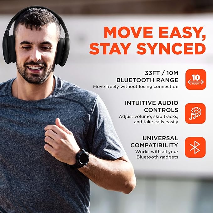 HyperGear Wireless Headphones Bluetooth Black- Noise Isolation Headphones Wireless Over The Ear Head Phones, Gym Headset Built-in Mic Controls Square Foam Cups Foldable Headphone for Women and Men