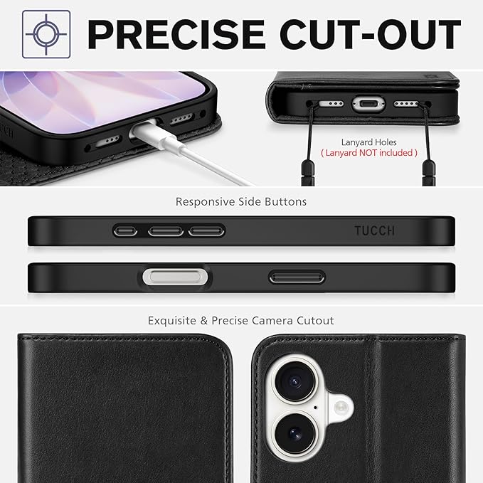 TUCCH Case Wallet for iPhone 17 (6.3") 2025, RFID Blocking 3 Card Holders | Kickstand | PU Leather | Protective Flip Folio Cover | TPU Shockproof Interior Shell | Black