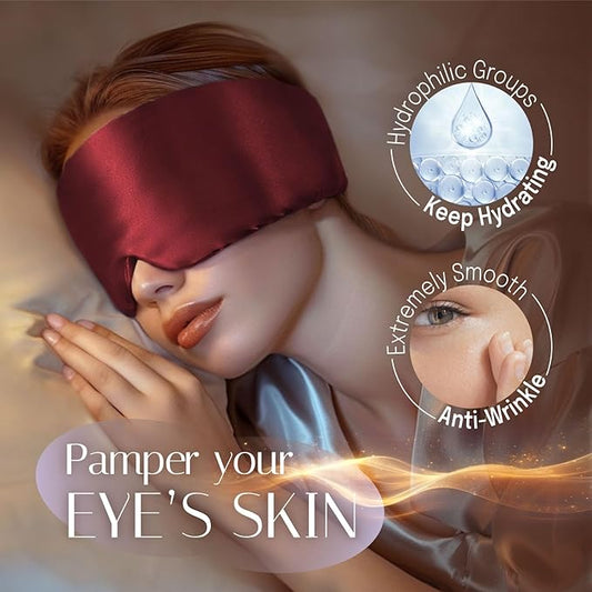Silk Sleep Mask Soft Pressureless: 100% Mulberry Silk for Eye Skin Anti Wrinkles, Large Size for Total Blackout, Adjustable Wide Velcro Ear Cover, Burgundy