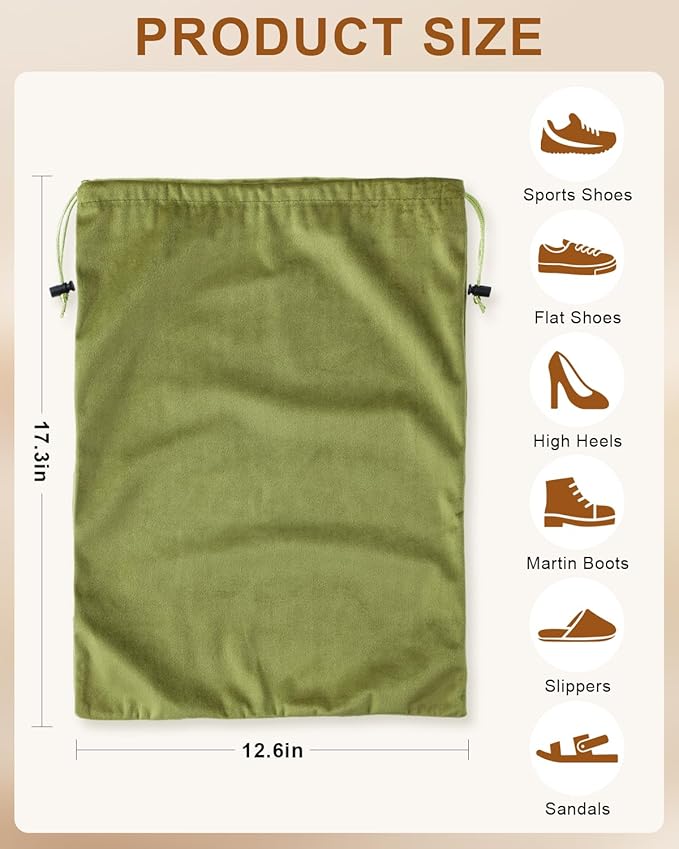 FantasyLife Shoe Bags for Travel, Washable Dust Bags for Storage & Packing, Flannel Shoe Pouch with Drawstring Closure for Purses, Handbags, Shoes & Toys (4, Sage Green)