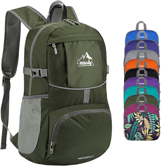 WATERFLY Hiking Packable Daypack Backpack: 25L Ultra Lightweight Day Pack for Woman Man - Small Compact Folding Back Pack for Outdoor Sport Cycling Camping Travel Trip - Green