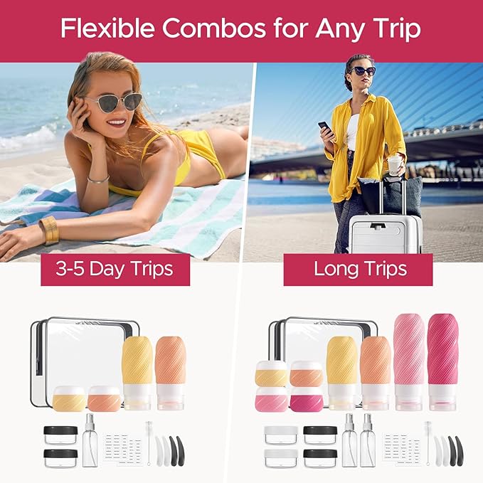 LitBear 23 Pack TSA Approved Travel Bottles for Toiletries, Leak Proof Refillable Travel Size Containers Kit with Silicone Squeezable Bottles Jars for Shampoo Lotion Conditioner, in Clear Bag, Pink