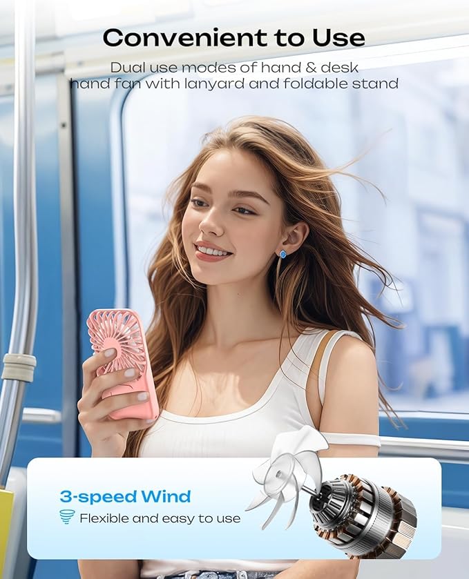 Otlonpe Rechargeable Mini Portable Handheld Fan, Small Personal Battery Powered Handheld Portable Fans for Hand Held Desktop Travel, Foldable Stand, Slim Cordless, Wrist Strap, 3-Speed (Pink)
