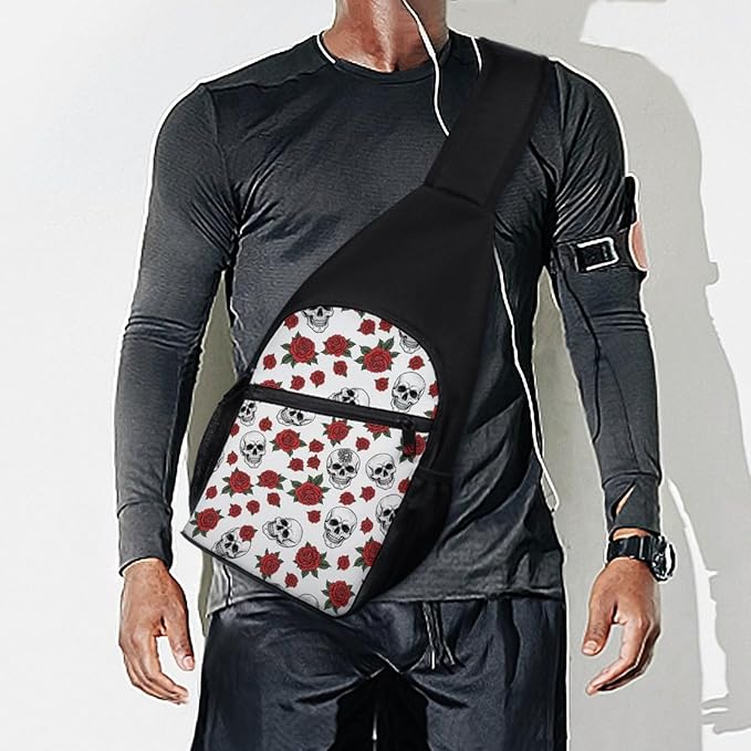 SWEET TANG Casual Sling Backpack Chest Shoulder Crossbody Backpacks, Unbalance Gym Funny Sack, Halloween Skull Rose Flower, Satchel Travel Bag Outdoor Hiking Daypack for Men Women