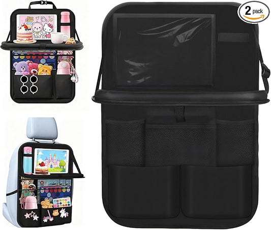 2 Pack Black Backseat Car Organizer with Tablet Holder & Six Storage Pockets - Back of Seat Car Organizer, Road Trip Essentials, Kick Mats for Kids, Vehicle Tidy Protector