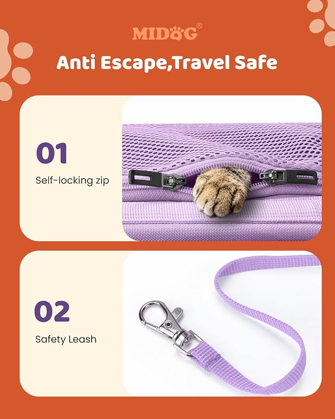 MIDOG Cat Carrier Soft, TSA Approved Airline Travel Carrier for Cats and Small Dogs, Under Seat Pet Bag with Expandable Space & Escape-Proof Zippers (Lavender)