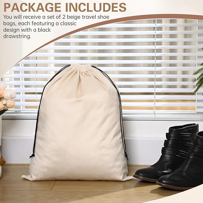 Amylove 2 Pcs Silky Velvet Shoe Bags for Travel Cloth Dust Pouch with Drawstring Closure Beige Shoe Pouch Storage Packing Organizers