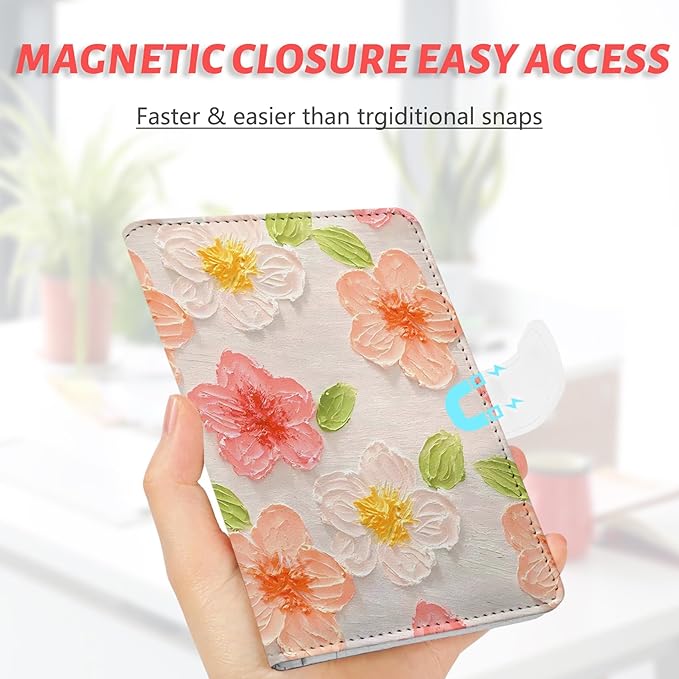 Passport Holder, Travel Wallet Cover with Pen Loop | Cute RFID Blocking Leather Case with Magnetic Closure for Travel Essentials-Flower