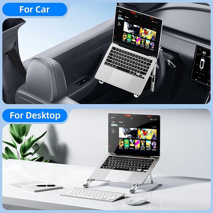 Angle Adjustable Car Steering Wheel Laptop Holder,Foldable Laptop Stand for car,Metal Car Notebook Riser | Car Reading Stand | Car Tablet Holder, Multipurpose Travel Car Accessories (Silver)