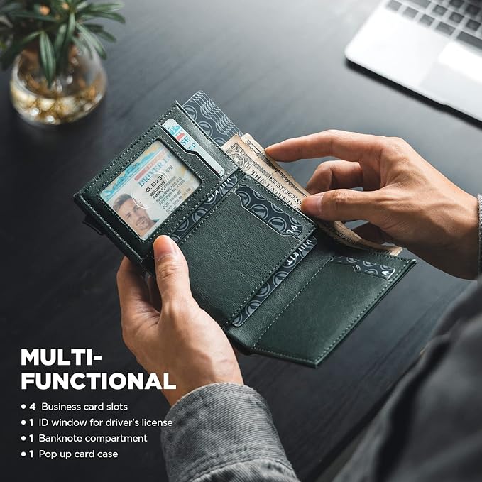 VULKIT Pop up Card Wallet Minimalist Cash Wallets RFID Blocking Leather Smart Credit Card Holder with ID window for Men(Green)
