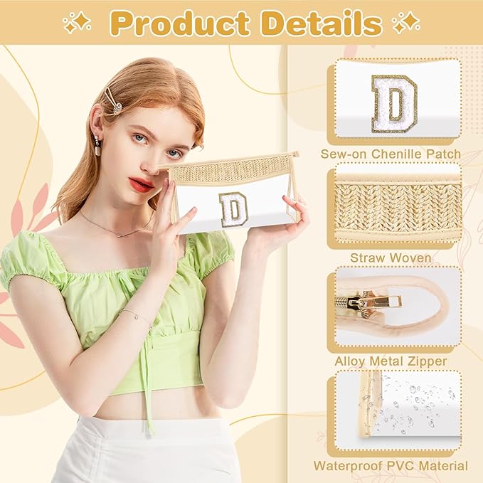 Personalized Initial Letter Bag Boho Straw Clear Makeup Bag,Small Cute Chenille Varsity Letter Bag With Zipper,Beach Travel Toiletry Bag,Portable Monogrammed Cosmetic Bag for Women Girls,D