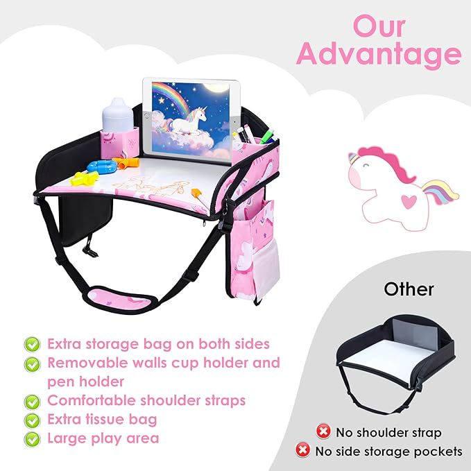 WENRENER Kids Travel Tray, Car Seat Tray for kids Travel, Toddler Road Trip Essentials With Drawing Kit, Toddler Lap Desk Organizer for Car, Carseat Table for Airplane