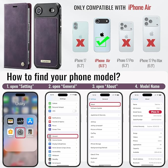 PlusnapX Wallet Case for iPhone Air Compatible with Magsafe, 2-in-1 PU Leather Flip RFID Blocking Card Holder Stand ShockAirof Magnetic Detachable Cover for iPhone 17 Air Case 6.5", Retro Purple
