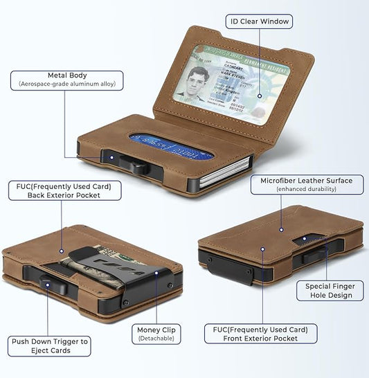 Slim Wallet for Men - Minimalist Mens Wallet with Money Clip, Aluminum Pop Up Card Case and Leather Slots Credit Card Holder RFID Blocking Wallet for Men with Gift Box