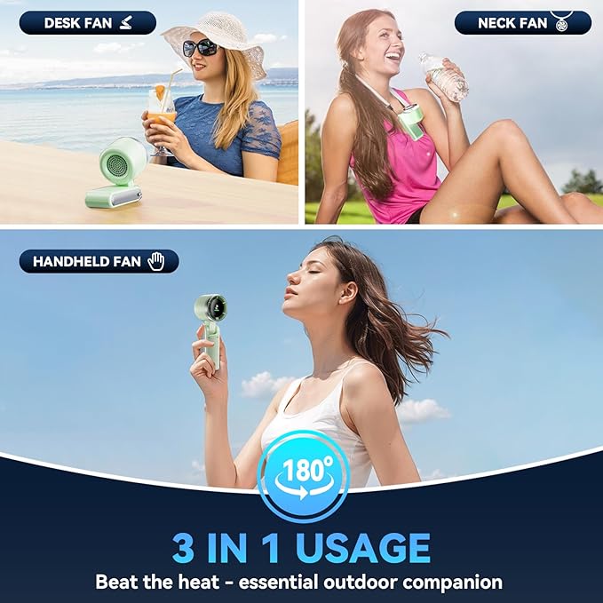 Portable Handheld Turbo Fan, 5 Gear Wind, Battery Operated, Up to 12 Working Hours, 3 IN 1 Hand Fan with Air Turbo Tech Cooling Fans for Outdoor Activities, Travel, Beach (Green)