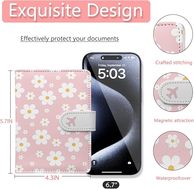 Passport Holder, Travel Wallet Cover with Pen Loop | Cute RFID Blocking Leather Case with Magnetic Closure for Travel Essentials-flower