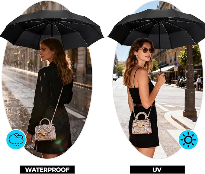 LLanxiry Compact Travel Umbrella, Automatic Open/Close Windproof Umbrella, 10 Fiberglass Ribs, 210T Pongee, UPF 50+ Sun/Rain, Lightweight Portable Umbrellas Travel Size with Carry Sleeve
