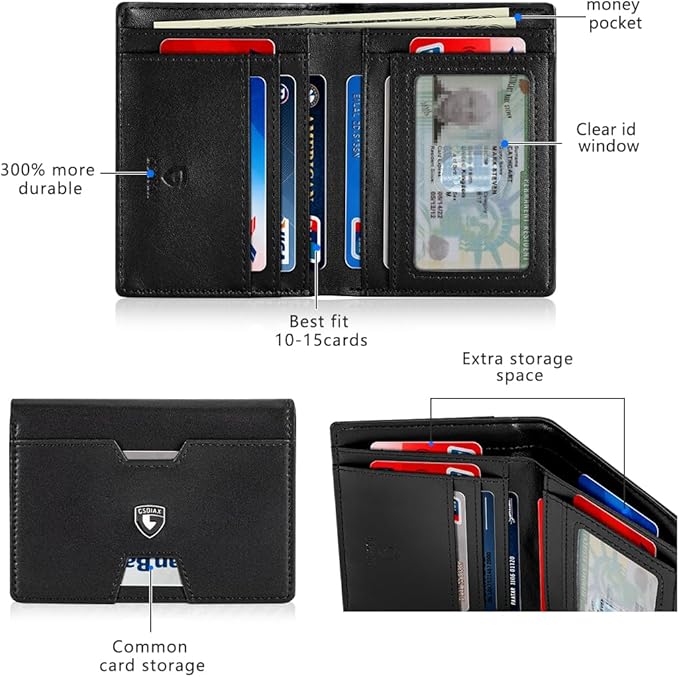 GSOIAX Wallet for Men Slim RFID Blocking Front Pocket Bifold Wallet Leather Money Clip 10-12 Cards Mens Wallet with ID Window Thin Minimalist Credit Card Holder Birthday Gifts for Men Leather-Black