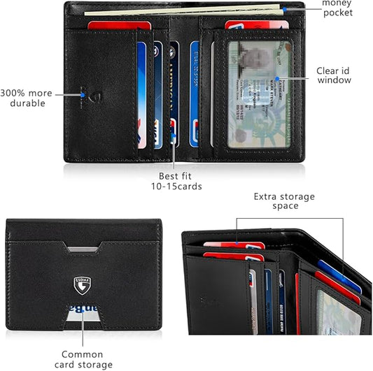 GSOIAX Wallet for Men Slim RFID Blocking Front Pocket Bifold Wallet Leather Money Clip 10-12 Cards Mens Wallet with ID Window Thin Minimalist Credit Card Holder Birthday Gifts for Men Leather-Black