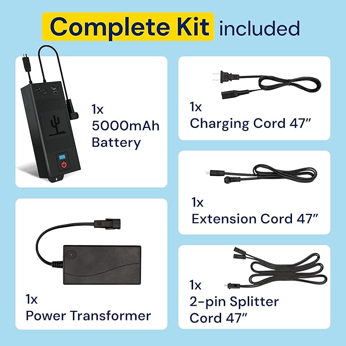 The Blue Cactus Max Power 5000mAh Kit - Battery, Power Transformer, Cords - 2-Pin Connector - Wireless with LED & Low Charge Alert - Couch Battery Pack for Reclining Chairs, Sofas & Loveseats