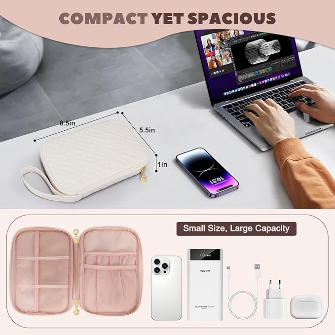 Electronics Organizer Travel Case, Charger Bag Cord Organizer Travel, Compact Tech Pouch Cable Organizer Bag for Charger, Cords, Phone, Headphones, Flash Drive, SD Card (Beige, Small-Single Layer)