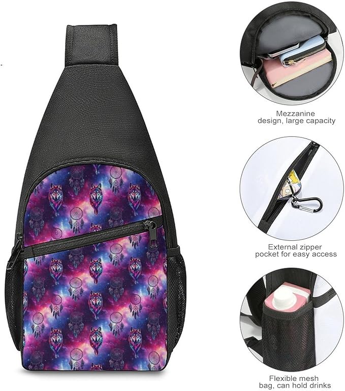SWEET TANG Cool Sling Backpack for Men Women, Multipurpose Crossbody Shoulder Bag Dream Catcher Wolf Space Fantasy, Travel Hiking Zippered Daypack, Adjustable and Breathable