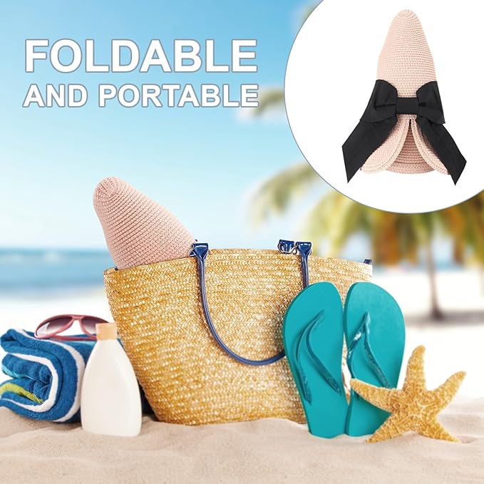 DRESHOW Sun Hats for Women Travel Fedora Foldable Beach Sun Hat Summer Wide Brim Straw Bucket Hat with Bowknot UPF 50+